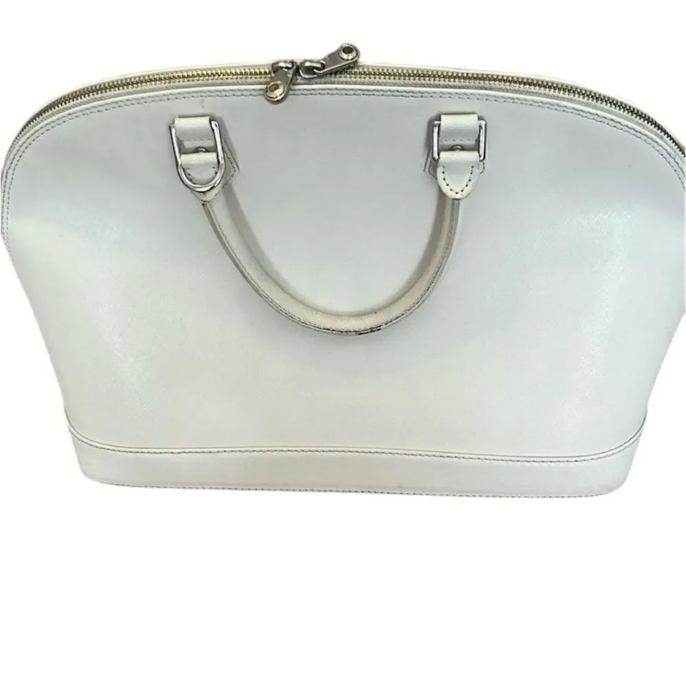 Pulcati white leather double zip double handle bowling bag style handbag GUC